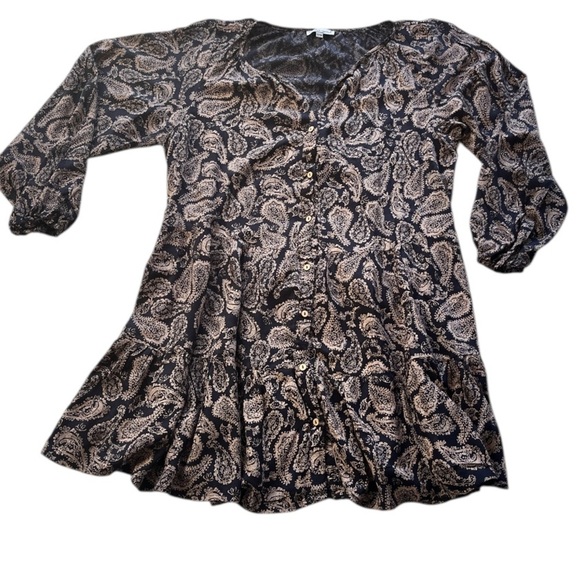 Wishlist Black and Cream Paisley Ruffled Bohemian Hippie Mini Dress - Picture 1 of 13